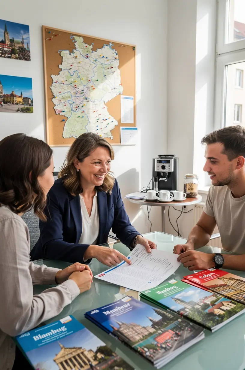 Nahaufnahme eines eleganten Reiseführers mit handschriftlichen Notizen und Markierungen zu deutschen Sehenswürdigkeiten.