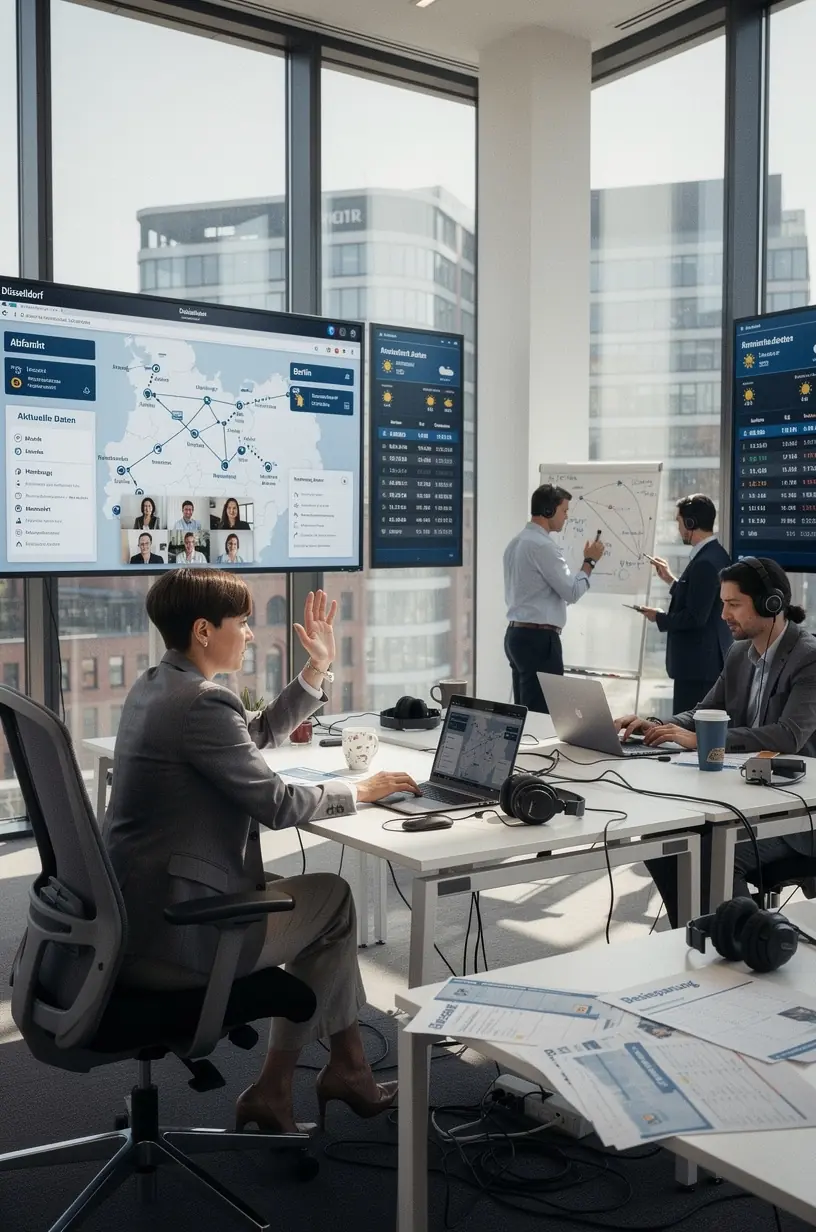 Gedruckter, übersichtlicher Reiseplan mit Karte und Zeitplan für mehrere deutsche Städte auf Holztisch.